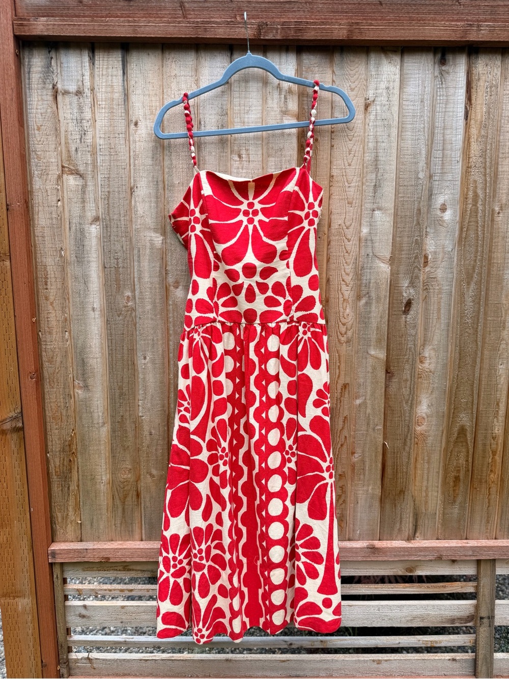 NWOT Christian Lacroix Red and Cream Floral Dress with Braided Straps